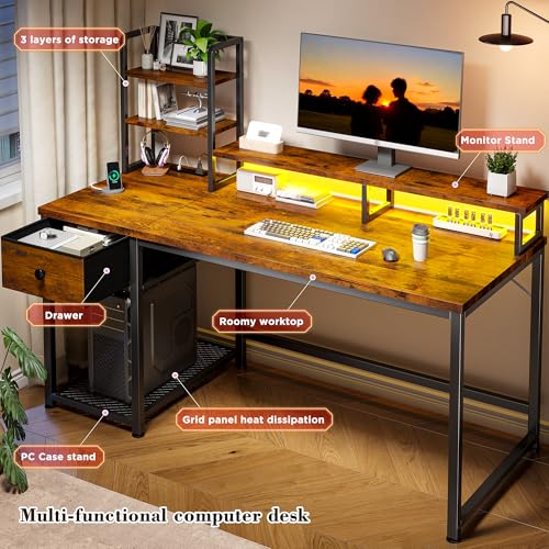 EnHomee 44 Inch Computer Desk with Hutch and Drawers,Reversible Home Office Desk with Monitor Shelf,Small Gaming Desks with USB Power Outlets,Writing Table for Office with LED Lights,Rustic Brown EnHomee