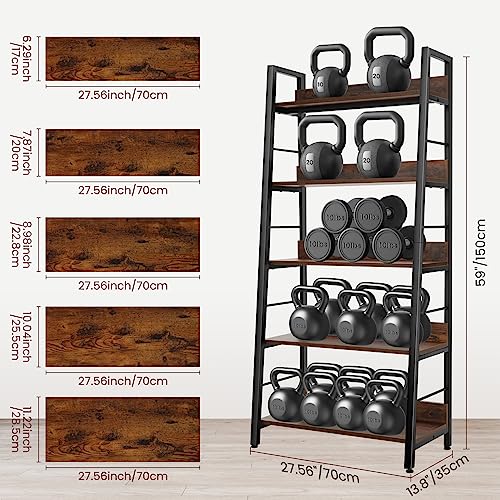 BATHWA 5-Tier Industrial Rustic Ladder Bookshelf - Open Wood and Metal Accent Bookcase - WoodArtSupply