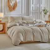 DuShow Grid Queen Duvet Cover Set - Tan Gingham Washed Microfiber Comforter Cover Set, 3 Pieces Plaid Checkered Soft Reversible Bedding Set(Tan,Queen) DuShow