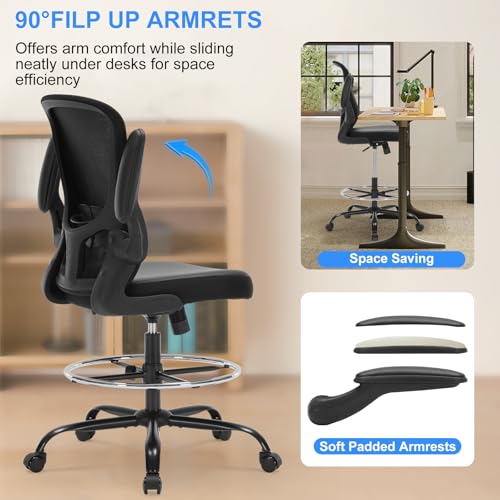 OLYFING Ergonomic Drafting Chair, Standing Desk Chair with Lumbar Support Tall Office Chair with Flip-Up Arms Footrest Ring, Breathable Mesh High Desk Chair with PU Leather Seat Cushion, Black OLYFING
