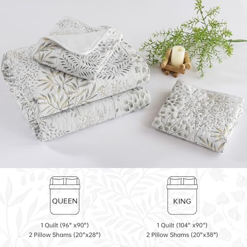 WONGS BEDDING Floral Quilt Set Queen Size, 3 Pieces Botancial Bedspread Coverlet Set, Bamboo Leaves Pattern Soft Lightweight Farmhouse Flower Bedding Set for All Season (96"x90") WONGS BEDDING
