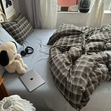 DONEUS Buffalo Plaid Duvet Cover Set 100% Washed Cotton Natural Linen Like Super Soft Comfy 3 Piece Brown Blue Gingham Checkered Bedding Set with Zipper Closure (Queen 90"x90", for All Seasons) DONEUS