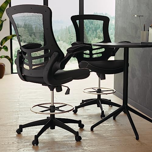 Flash Furniture Kelista Mid-Back Swivel Office Chair with Adjustable LeatherSoft Seat Height, Ergonomic Mesh Chair with Flip-Up Arms, Black Flash Furniture