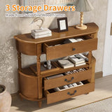 BFJDM 43" Retro Curved Console Table with Drawers, Solid Wood Half Moon Console Table Entry Sofa Table with Storage with Solid Pine Roman Legs Open Shelf for Small Spaces Living Room,Brown BFJDM