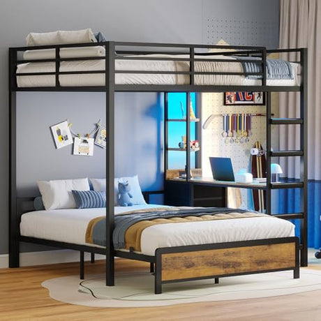 ADORNEVE Bunk Bed with Desk, Full Over Full Bunk Beds with Charging Station & Led Lights, 4 Storage Drawers & 2 Open Storage Shelves, Metal Loft Bed with Safety Guardrail & Ladder for Kids/Teen, Black ADORNEVE