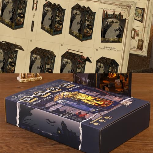 ISSEVE DIY Book Nook Kit, 3D Wooden Puzzle DIY Miniature House Kit for Booknook Shelf Insert Decoration, Magic Book House Stand Bookshelf Dollhouse for Adults with Sensor Light (Detective Agency)