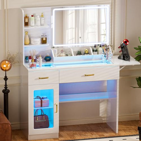 COMHOMA Vanity Desk with Mirror and Lights, Makeup Vanity with 3-Color LED, Transparent Top and RGB Drawers, White Desk with Open Shelves and Glass Cabinet, Built-in Power Outlet & Foldable Tabletop COMHOMA