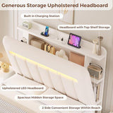 Jocoevol Queen Bed Frame with Storage Headboard,Upholstered White Bed Frame Queen Size with Storage Drawers and Charging Station,Velvet Platform Metal Bed, Noise-Free, No Box Spring Needed Jocoevol
