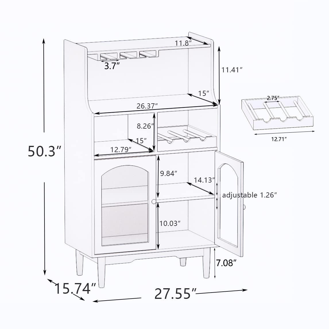 Loscear Wine Liquor Cabinet Bar for Home with Removable Wine Rack and Storage, Dark Grey Wood Coffee Bar Cabinets for Home with Solid Wood Legs and