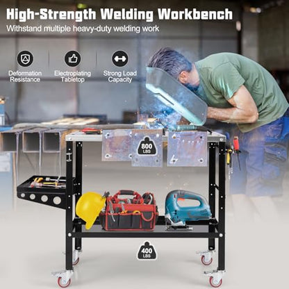 Goplus Rolling Welding Table, 1200 lbs Welding Workbench Table Top w/4 Lockable Wheels, Tool Rack & Tray, 5/8” Holes, 8 Tool Slots, 2 Nozzle Holders, 36” x 18” Welding Fixture Table for Shop  - WoodArtSupply