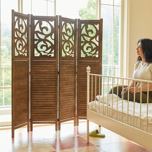 Svimi Folding Room Divider, 5.6Ft 4 Panels Wood Carved Privacy Screens, Free Assembled Freestanding Portable Reversible Functional Decorative Partition for Home Office Restaurant Bedroom (Brown) Svimi