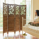 Svimi Folding Room Divider, 5.6Ft 4 Panels Wood Carved Privacy Screens, Free Assembled Freestanding Portable Reversible Functional Decorative Partition for Home Office Restaurant Bedroom (Brown) Svimi