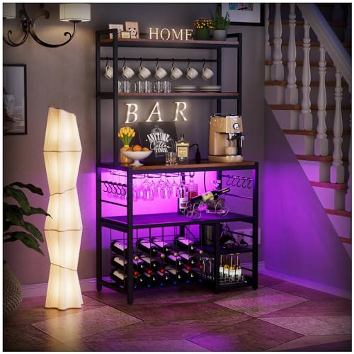 yacchi home Wine Bar Cabinet with Outlet and LED Light, Liquor Cabinet with Glasses Holder Movable Storage Shelf, 4-Tier Wine Rack Durable Coffee Bar Cabinet for Kitchen Dining Room, Grey - WoodArtSupply