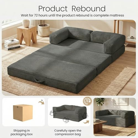 Tri-Folding Mattress Queen Futon Sofa Bed, Convertible Tri Fold Mattress Foldable with Removable Armrests & Washable Cover, 5 Inch Floor Mattress with High-Density Foam, Small Couch Bed, Queen, Grey Erament