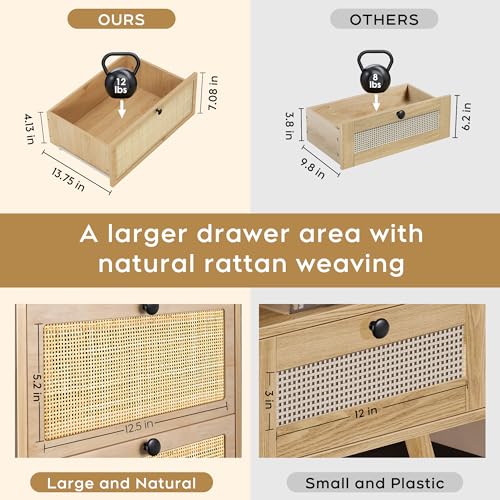 XIAO WEI Rattan Nightstand Set of 2 with Handmade Natural Rattan Drawers, Bedside Tables, End Table, Rattan Side Table, Boho Wood Nightstand, for Bedroom, Living Room, Metal Legs XIAO WEI