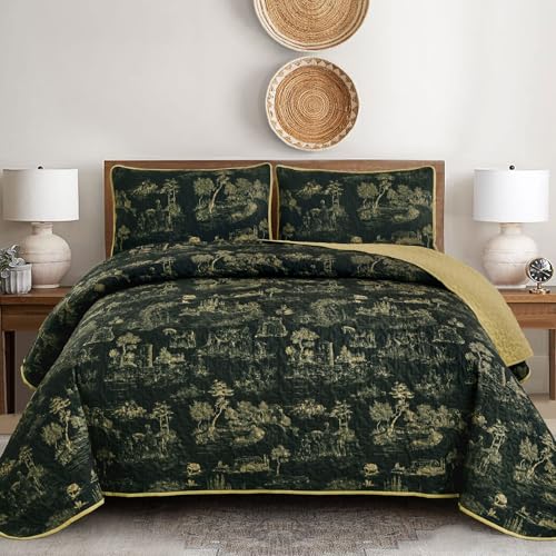 Drucon Black Farmhouse Quilt Set King Size, Toile Rustic Bedspreads, 3 Pieces Village Landscape Printed Coverlet, Soft Microfiber Quilt Bedding Set for All Season (106x90 Inch) Drucon
