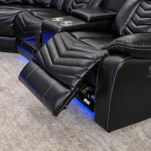 Comfort Stretch Power Recliner Sectional Sofa Couches with Bass Speakers for Living Room, Faux Leather Reclining Corner Sectionals Sofa Couch Sets with LED Light, Electric Theater Recliners Home,Black