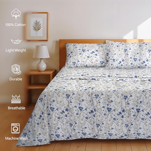 RUVANTI 100% Cotton Sheets – King Size Percale Bedding, Cooling & Breathable Floral Design, Durable with a Crisp, Soft & Comfortable Feel, 16" Deep Pocket, 4-Piece Set, Sweet Pea