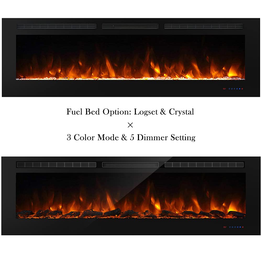 Masarflame 72" Recessed Electric Fireplace Insert, 5 Flame Settings, Log Set or Crystal Options, Temperature Control by Touch Panel & Remote, 750/ 1500W Heater