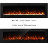 Masarflame 72" Recessed Electric Fireplace Insert, 5 Flame Settings, Log Set or Crystal Options, Temperature Control by Touch Panel & Remote, 750/ 1500W Heater Masarflame