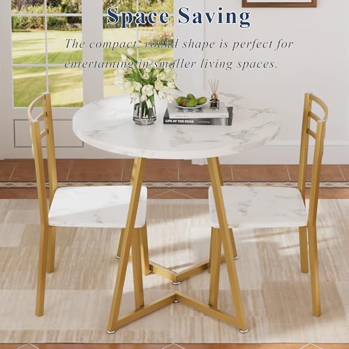 VECELO Small Round Dining Table Set for 2, Wood Tabletop with Strong Metal Frame, Modern Dinette with Chairs for Kitchen, Breakfast Nook Living Room, White & Gold VECELO