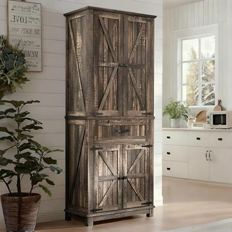 YITAHOME 72.6" H Farmhouse Kitchen Pantry Cabinet, Freestanding Tall Storage Cabinet with 4 Doors, Drawer and Adjustable Shelves, Tall Cupboard for Dining Room, Living Room, Dark Rustic Oak YITAHOME