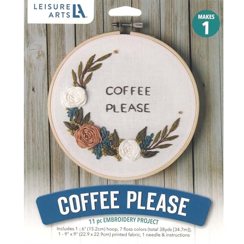Leisure Arts Embroidery Kit 6" Coffee Please - cross stitch kits for beginners - embroidery kit for beginners - embroidery kits for adults - embroidery kits for adults