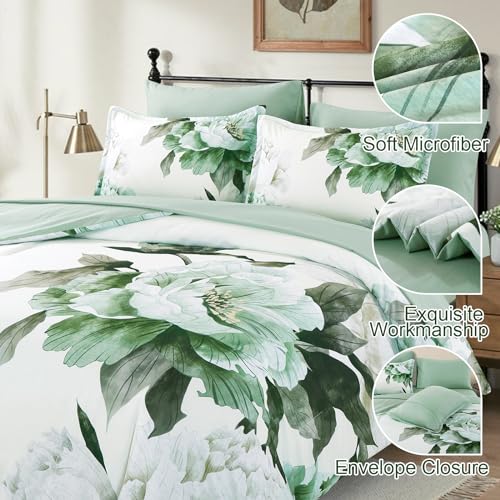 Dobuyly Green Queen Comforter Set 7 Piece Bed in a Bag Queen, Sage Green Floral Printed Comforter Set with Sheets, Soft Microfiber Botanical Flower Complete Bedding Set for All Season Dobuyly