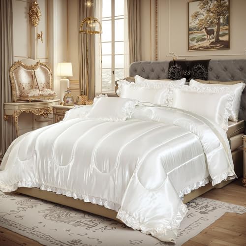Silk Like Satin Comforter Set with Sheet Set Queen 8 Pcs White Satin Bedding Set Silky Ruffle Pattern Home Deocr Luxury Hotel Silky Bed in a Bag with 1 Cushion Cover Bedding_Dreamer