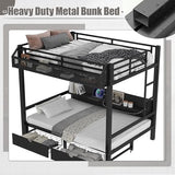 Bellemave Metal Full Over Full Size Bunk Bed Frame with Storage Drawers and Shelves,Heavy Duty Kids Bunk Beds with LED Lights and Charging Station for Teens,Adults,Convertible into a Sofa Bed,Black Bellemave