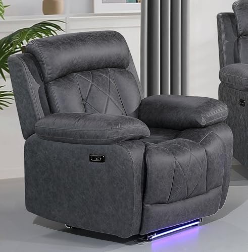 Betsy Furniture Soft Microfiber Power Reclining Chair, LED Light, Type-C and USB Charger, Recliner Smoke Gray 9052 (Power, Chair)