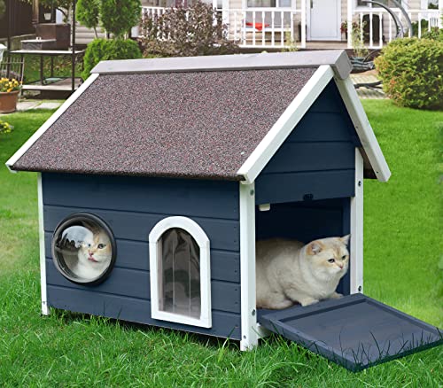 Rockever Outdoor Cat House, Cat House for Outdoor Cats Feral Cat House with Escape Door and Clear Windows for 2 Cats (Modern, Blue) - WoodArtSupply