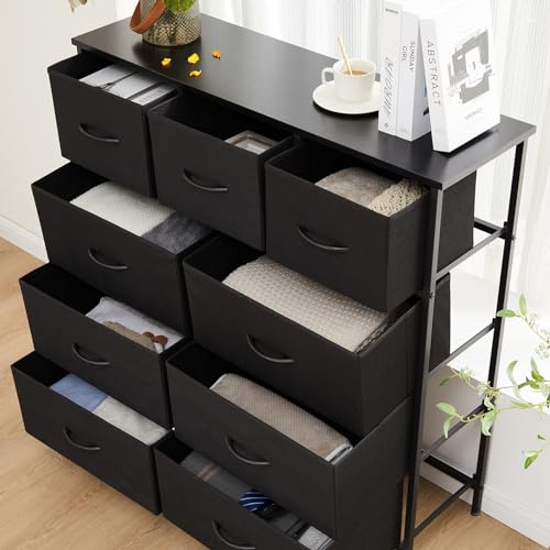 Atilioo Dresser for Bedroom with 9 Drawers, Anti-Tip Tall Fabric Chests Storage Organizer Tower Furniture with Wooden Top Metal Frame for Clothes, Closet, Living Room, Hallway, Entryway Atilioo