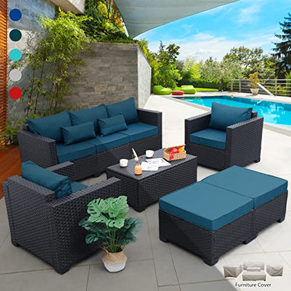 Rattaner Patio Furniture Set 6 Pieces Couch Outdoor Chairs Coffee Table Peacock Blue Anti-Slip Cushions and Waterproof Covers - WoodArtSupply