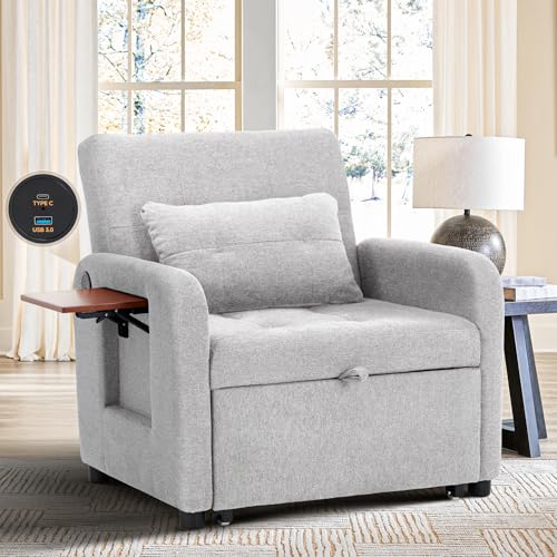 Convertible Sleeper Chair-Fabric Futon Sofa Bed, Single Sleeper Sofa, Small Couch Bed with USB Port, Foldable Table, Pillow, Adjustable Backrest for Dorm/Bedroom/College Lightgrey COLAMY