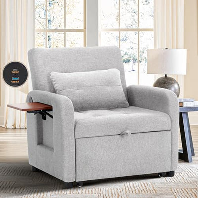 Convertible Sleeper Chair-Fabric Futon Sofa Bed, Single Sleeper Sofa, Small Couch Bed with USB Port, Foldable Table, Pillow, Adjustable Backrest for Dorm/Bedroom/College Lightgrey
