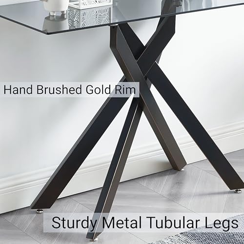 Edwin's Choice Black Glass Console Table Narrow Sofa Table with Grey Tempered Glass Top and Black Metal Tubular Legs with Gold Rim, 45”Lx18”Wx30”H Edwin's Choice