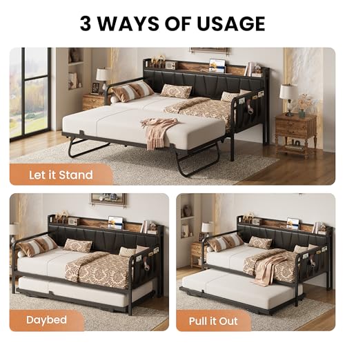 LIKIMIO Daybed with Trundle Bed, Twin Bed Frame with Storage Headboard and Charging Station, Sofa Day Bed with Strong Supports for Living Room, Bedroom, and Guest Room, Black LIKIMIO