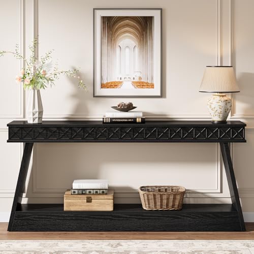 Tribesigns 70.9 Inch Long Console Table for Entryway, 2-Tier Farmhouse Entryway Table with Storage, Narrow Sofa Table Behind The Couch, Wood Accent Table for Hallway, Living Room, Foyer, Black Tribesigns