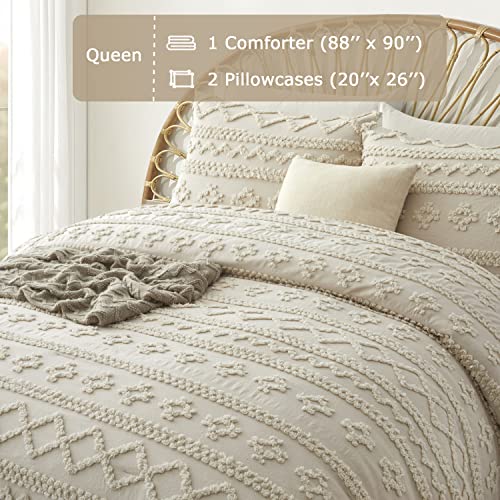 Oli Anderson Beige Queen Comforter Set Tufted Bedding Set Queen 3 Pieces, Boho Shabby Chic Comforter with 2 Pillowcases (Beige,Queen) Oli Anderson