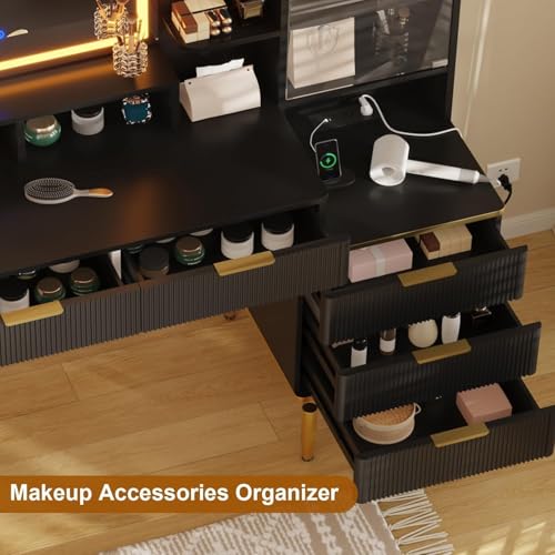 GlowSol Fluted Vanity Desk with Mirror and Lights, Makeup Vanity Desk with HD Mirror, 3 Color Adjustable Lighting, Power Outlet, 5 Drawers & Multi Shelves, Black Dressing Table for Bedroom GlowSol