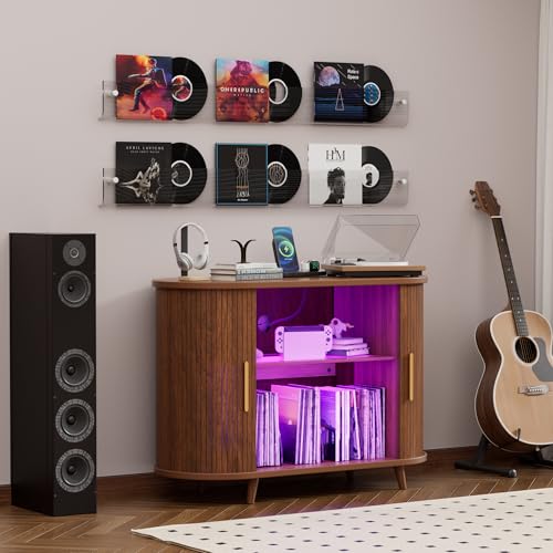 KSOBEBVT Record Player Stand with Vinyl Storage, Modern Media Cabinet with Charging Station & LED Lights, Sliding Door Turntable Stand, Audio-Visual Shelving Unit for Living Room (Walnut, 39") KSOBEBVT
