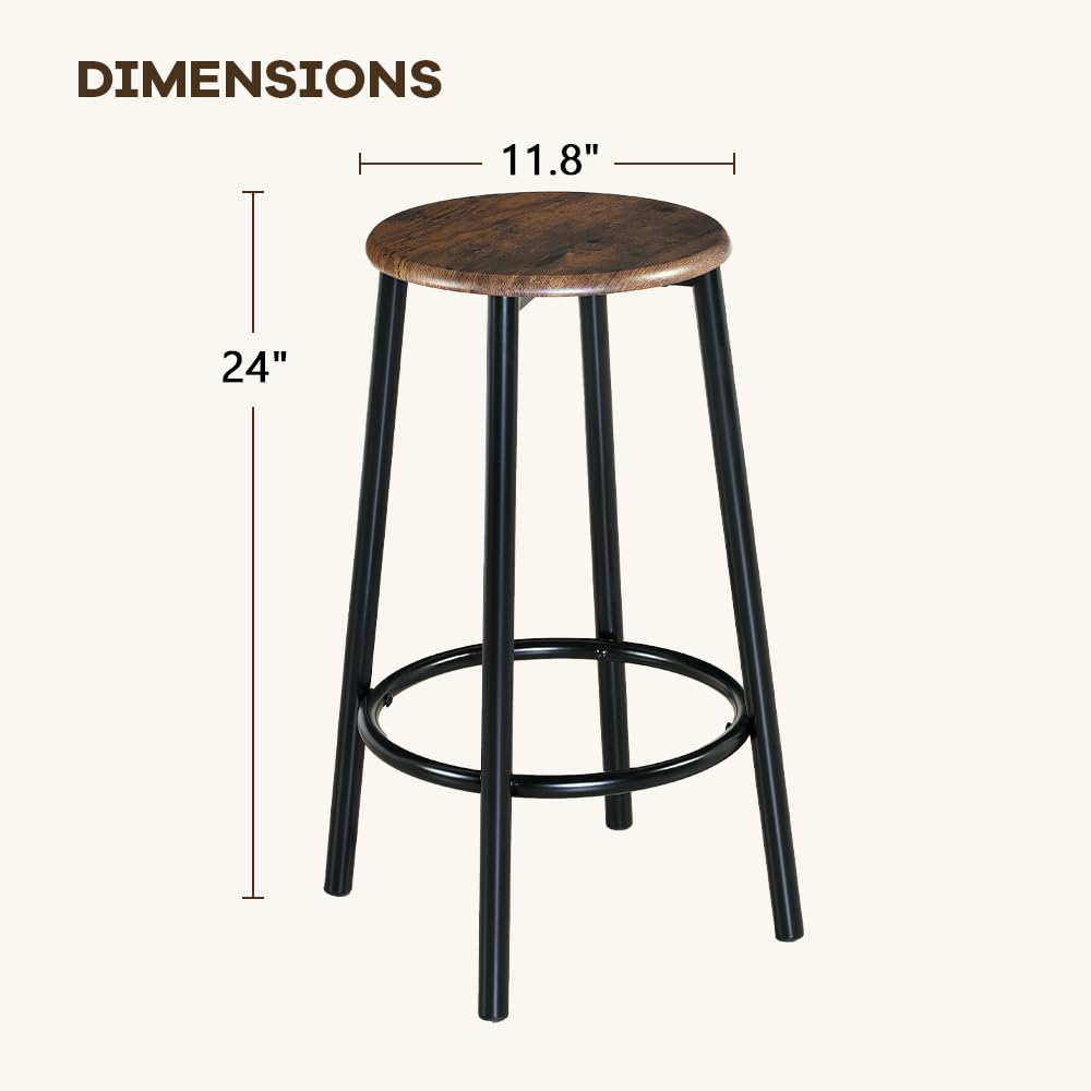 ViHOTA Bar Stools Set of 2, Counter Height Bar Stools Set, 24 Inch Bar Chairs, Round Breakfast Bar Stools for Kitchen Island, Dining Room, Home Bar, Café, with Metal Legs, Footrest, Rustic Br - WoodArtSupply