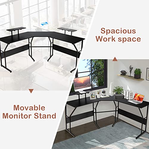 Tangkula L-Shaped Reversible Computer Desk, 2 Person Long Computer Workstation w/Movable Monitor Stand, Large Home Office Corner Desk for Working Writing Gaming (Black) - WoodArtSupply