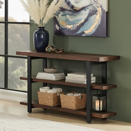 Alaterre Furniture Pomona Living Room Collection – 3-Tier Solid Wood Media Console Table with 2 Open Shelves and Metal Legs - Rustic Industrial Farmhouse TV Stand and Storage Console (Rustic Brown) Alaterre Furniture