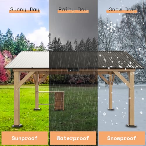 AMERLIFE 13x15 ft Wood Gazebo, Hardtop Gazebo with Metal Steel Gable Roof, Outdoor Gazebo with Bar Storage Space for Garden, Patio, Garage, Black + Natural Wood AMERLIFE