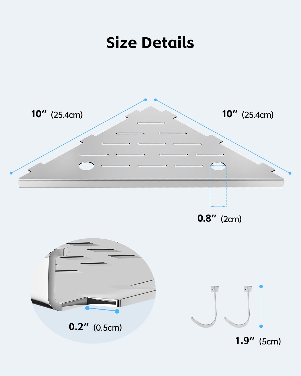 DAYONE 2 Pack Corner Shower Shelves 10", Chrome 304 Stainless Steel Recessed Bathroom Shelf with Razor Holding Hole and 2 Hools, for Tiled Wall No Drilling Needed DAYONE