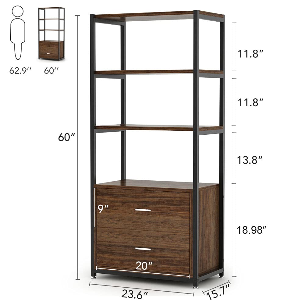 Rustic Industrial Etagere Bookcase with Drawers by Tribesigns - WoodArtSupply