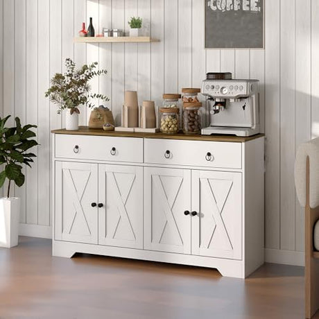 HOMCOM 48" Sideboard Buffet with Storage, Kitchen Storage Cabinet with 2 Drawers and 4 Barn Doors, Farmhouse Coffee Bar Cabinet with Adjustable Shelves, White HOMCOM