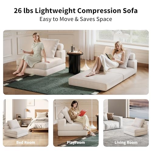 Lumbershed Folding Sofa Bed, 3-in-1 Convertible Sleeper Chair Bed with Pillows, Foldable Floor Couch with High-Density Foam, Futon Small Boneless Couch for Living Room Bedroom Lounge, Single, White Lumbershed